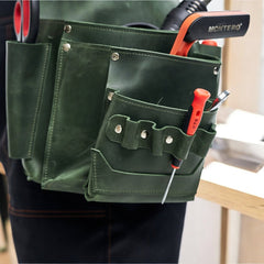 Carpenter wearing the durable WoodCraft Leather Tool Belt