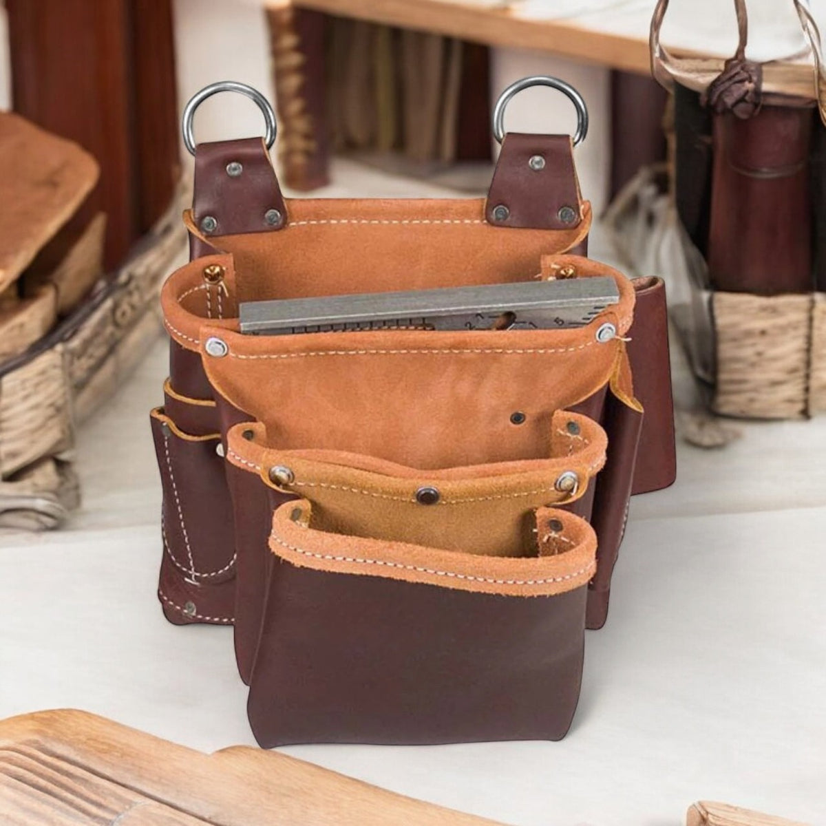 Beltless Leather Fastener Bag with 3 Pouches