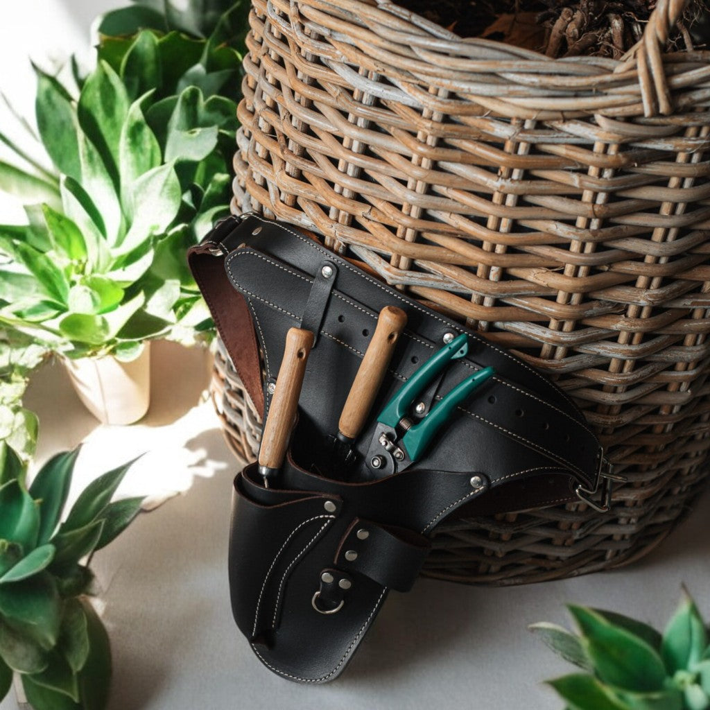 Stylish leather gardening tool belt for florists and landscapers