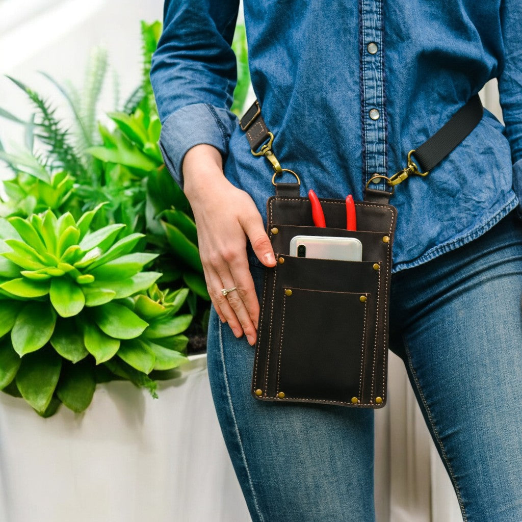 FloraSnap Leather Tool Holder with scissors and phone pockets