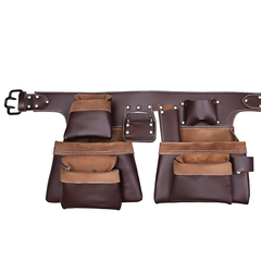 Leather carpenter tool belt with pockets.