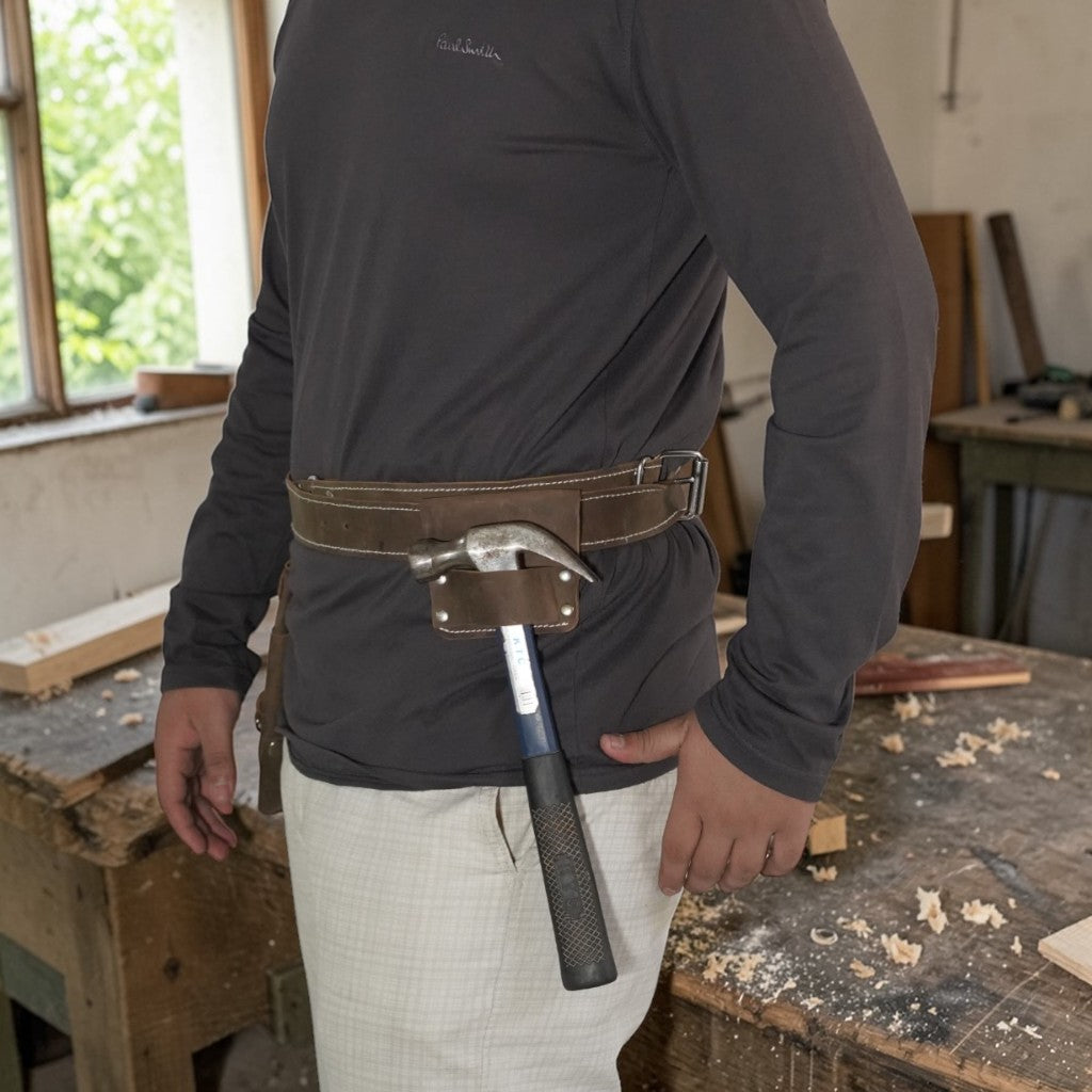 Person wearing a brown leather tool belt with a hammer in a workshop setting