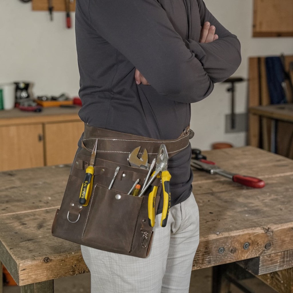 Person wearing a tool belt with various tools in a workshop setting