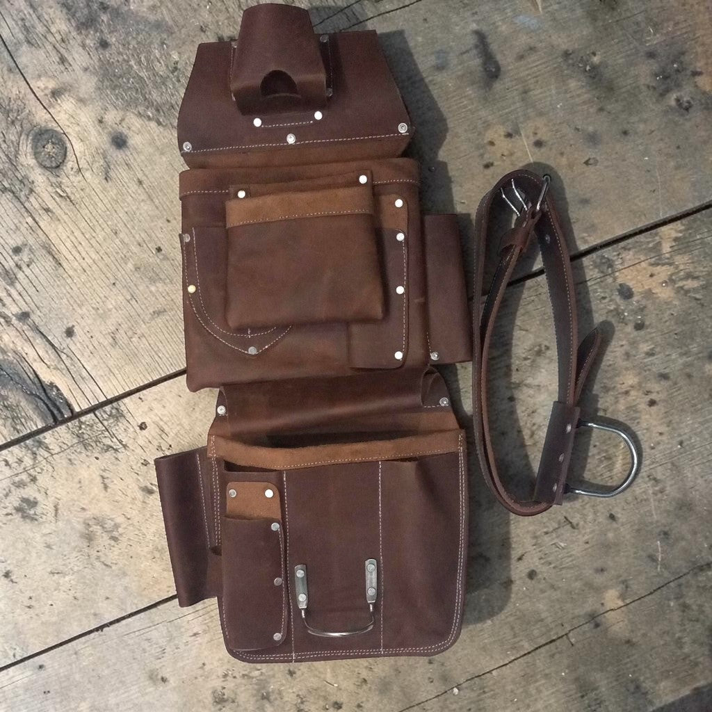 Leather contractor tool belt with multiple compartments